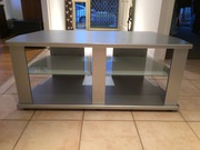 Television cabinet,  silver painted timber,  glass shelves